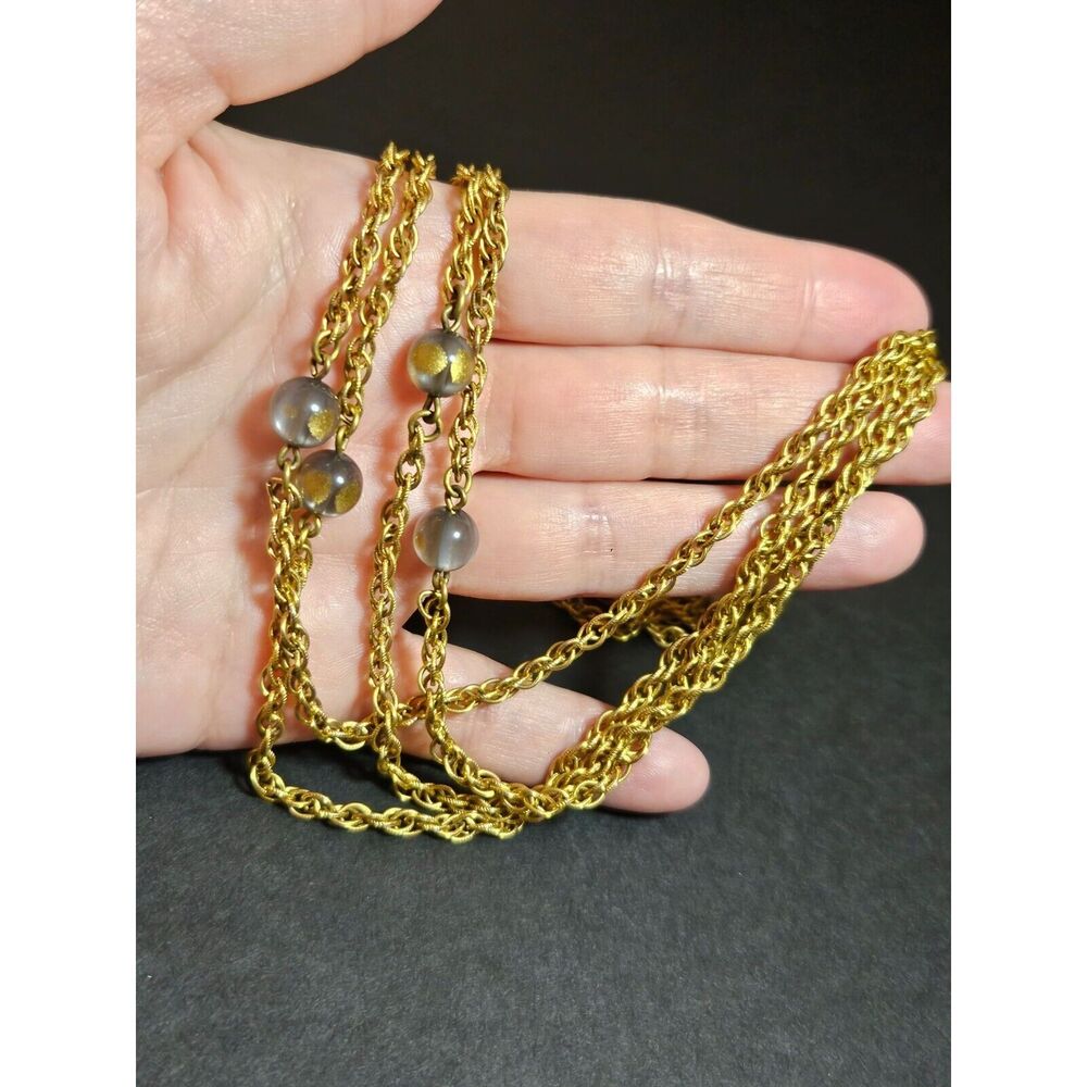 Vintage Freirich gold tone gray and gold necklace 58"